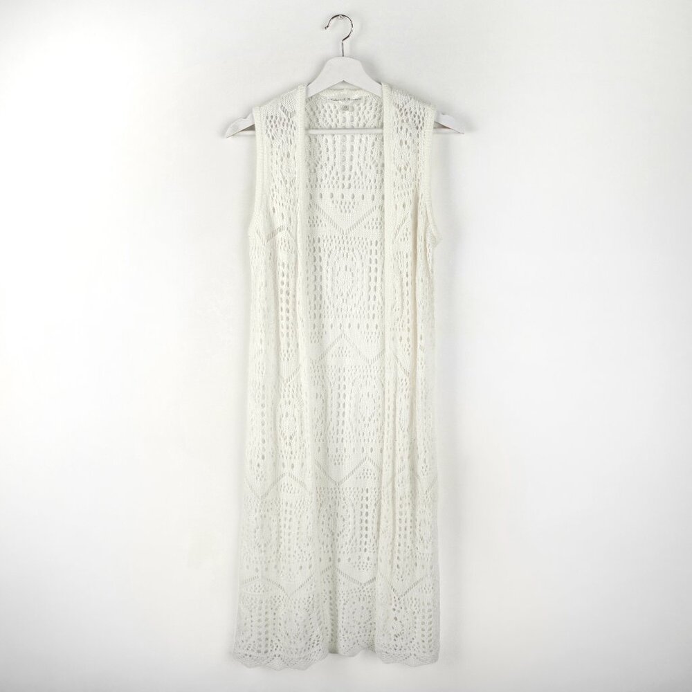 Crochet Duster Cardigan Vest Sleeveless Ivory XS